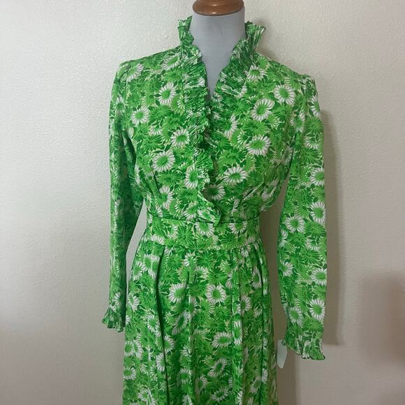 Vintage 1970s green floral ruffle long sleeve matching belt shirt dress SMALL - Picture 2 of 6